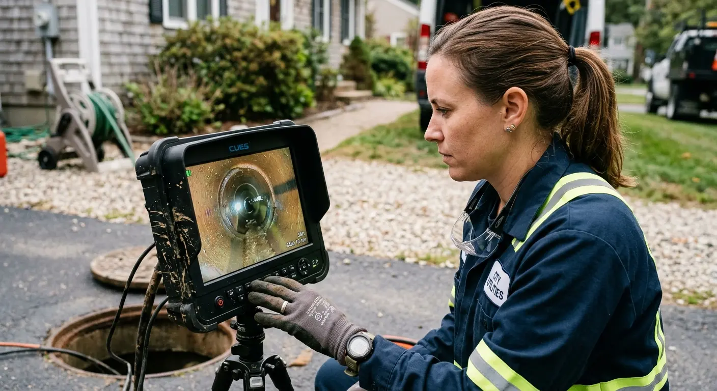 Technician reviewing sewer camera inspection footage in Moorpark