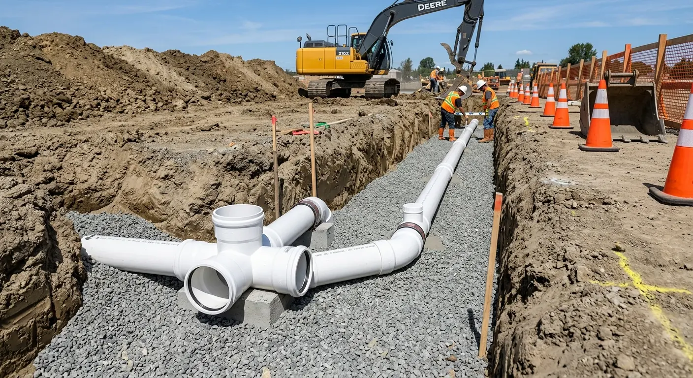 New PVC sewer pipe installation in open trench for Grease Trap Cleaning in Moorpark