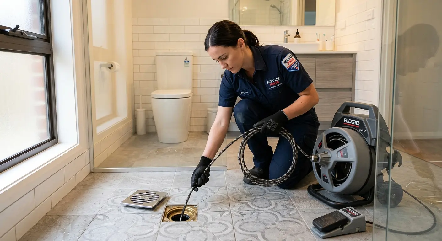 Technician clearing a bathroom floor drain for Sewer Line Installation in Moorpark